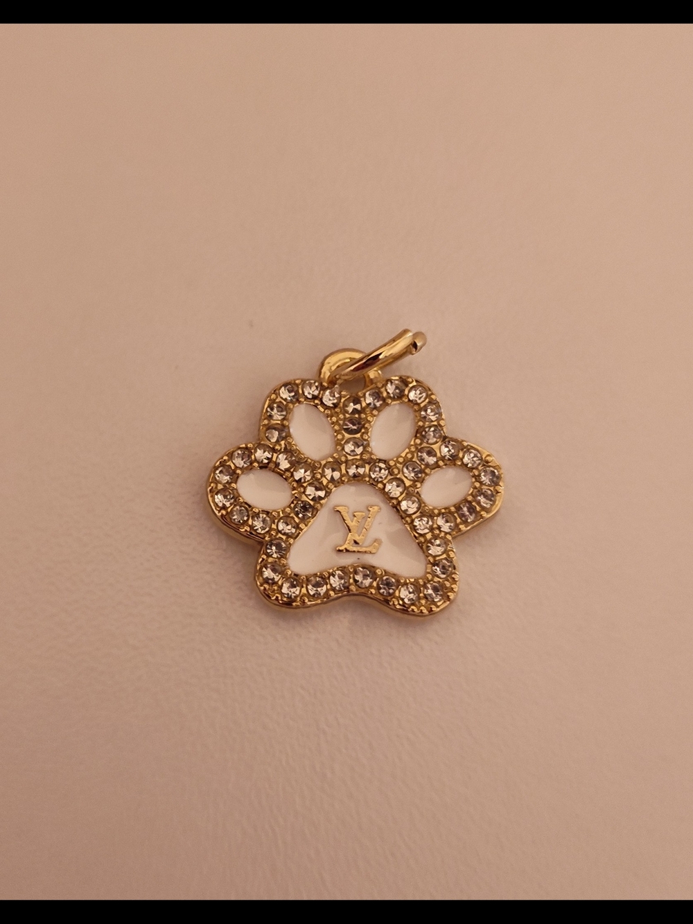 LOUIS VUITTON White Enamel Crystal Paw Print Zipper Pull Gold Tone 1.8"